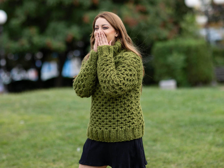 Green Wool Sweater, Hand Knitted Honeycomb Jumper, Chunky 100% Wool Pullover T1096