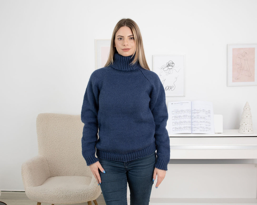 Wool Sweater Blue Soft Knit, Hand Knitted 100% Wool Pullover T1321