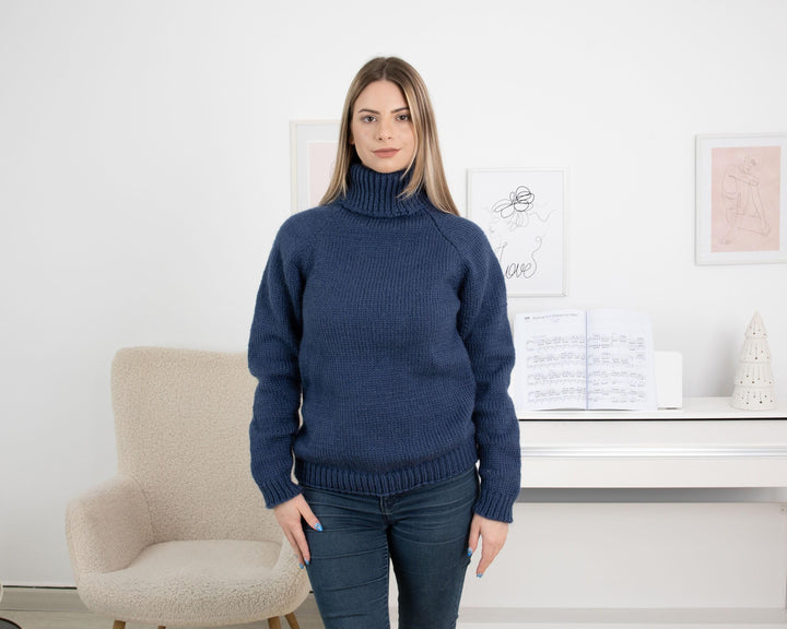 Wool Sweater Blue Soft Knit, Hand Knitted 100% Wool Pullover T1321