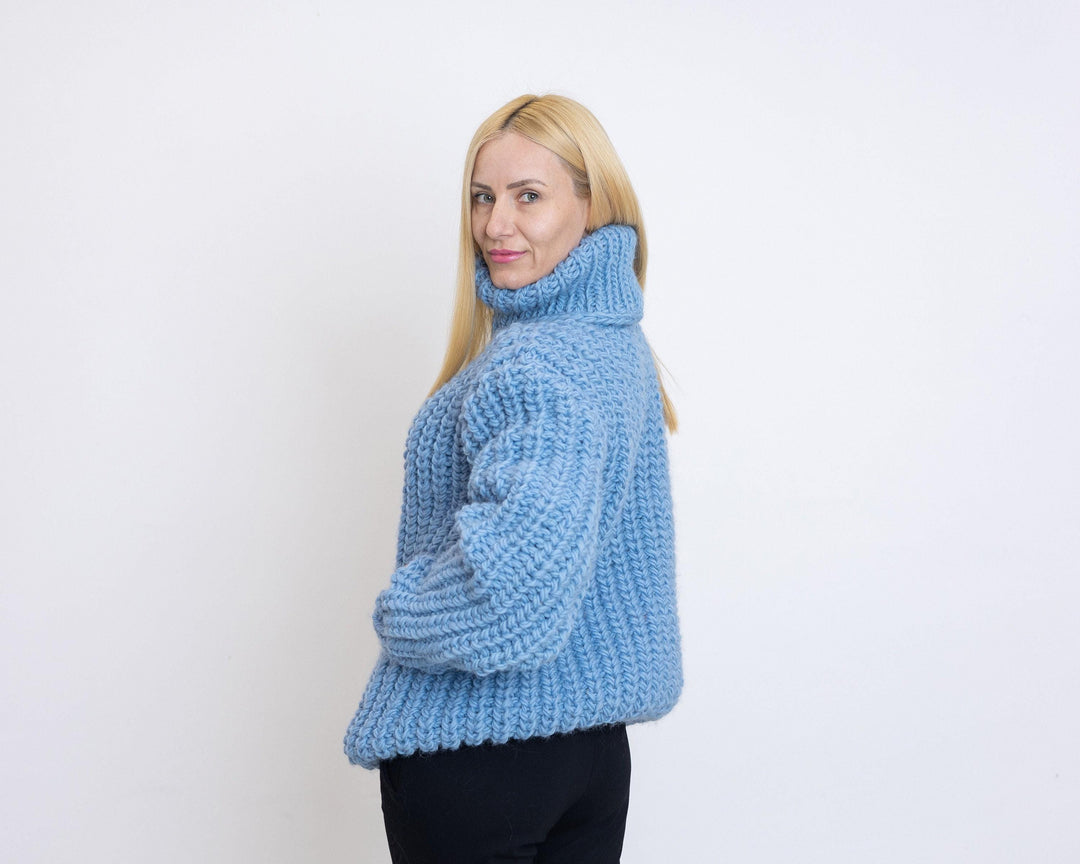Wool Sweater Blue Fisherman Rib Knit, Hand Knitted Warm Wool Jumper T1519