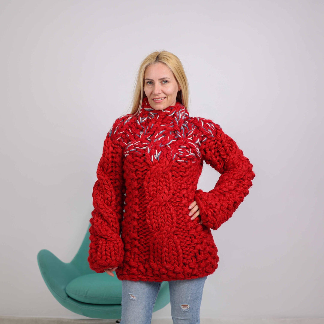 10-Strand Chunky Cable Knit Sweater – Hand-Knitted Wool Blend Pullover with Cables T1885
