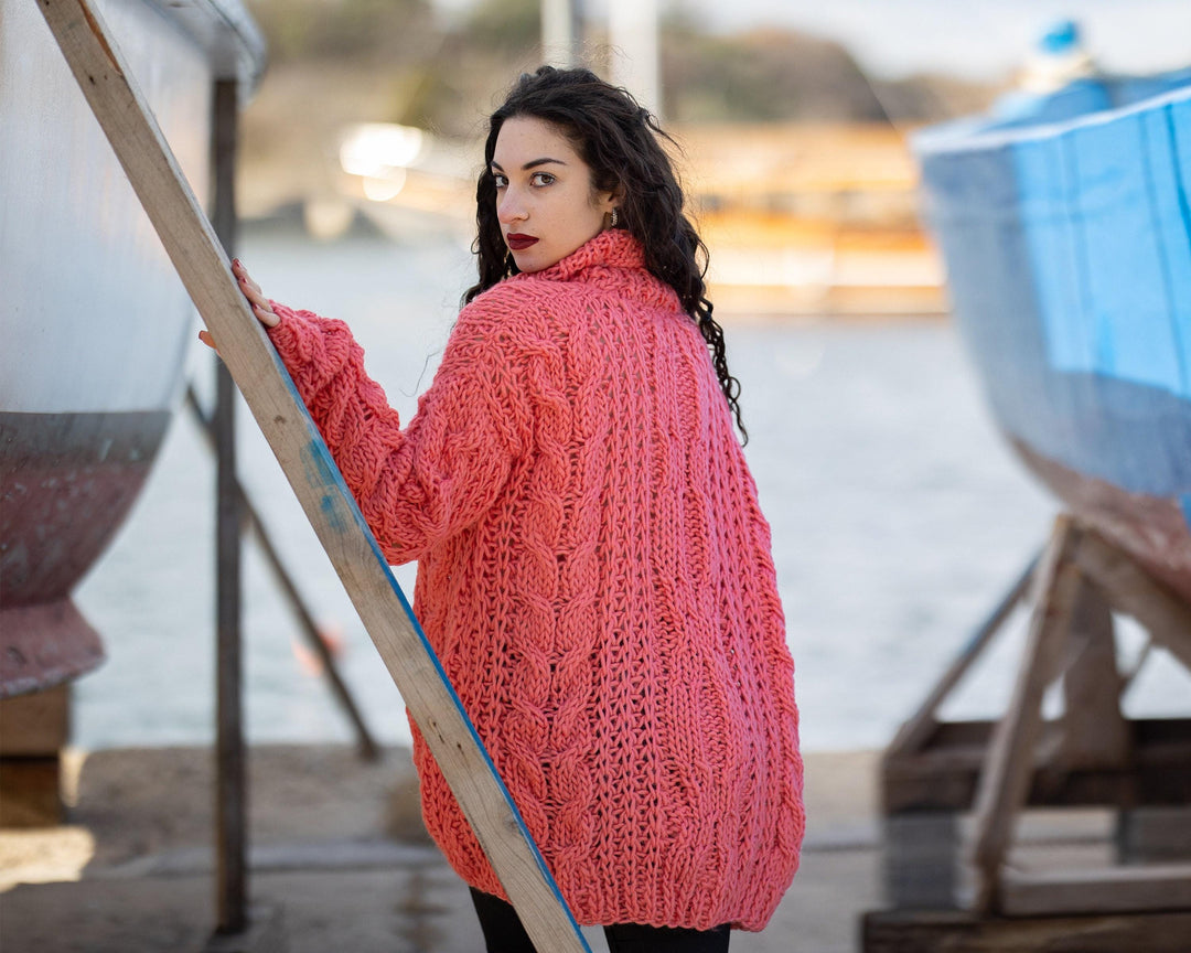Wool Sweater Coral Cable Knit, Hand Knitted on Large Needles Chunky Pullover T796