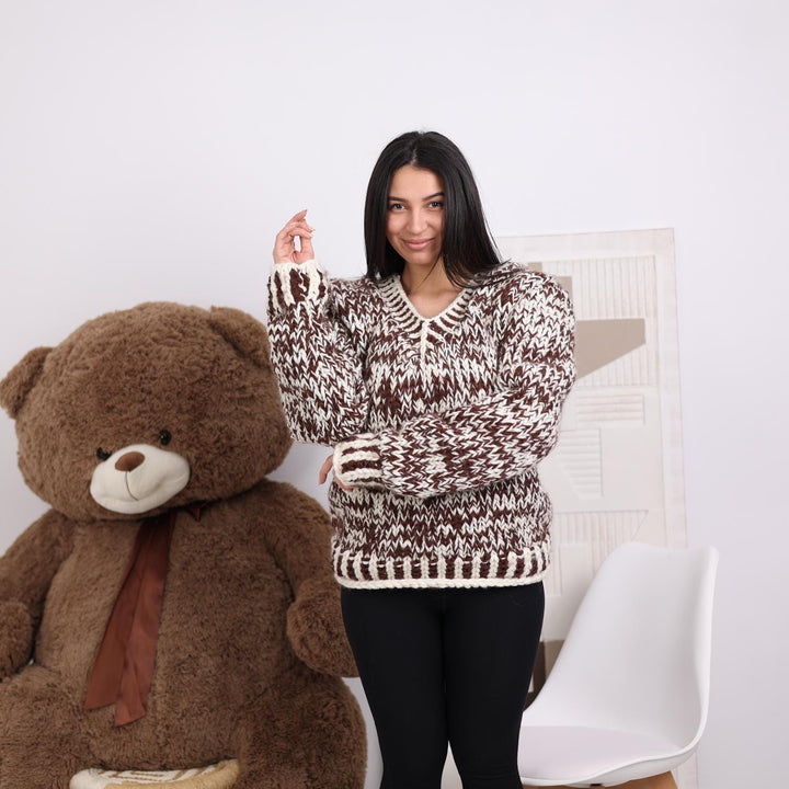 Melange Wool V-Neck Sweater, Hand Knitted 4-Strand Wool Jumper, Chunky Soft Pullover T1841