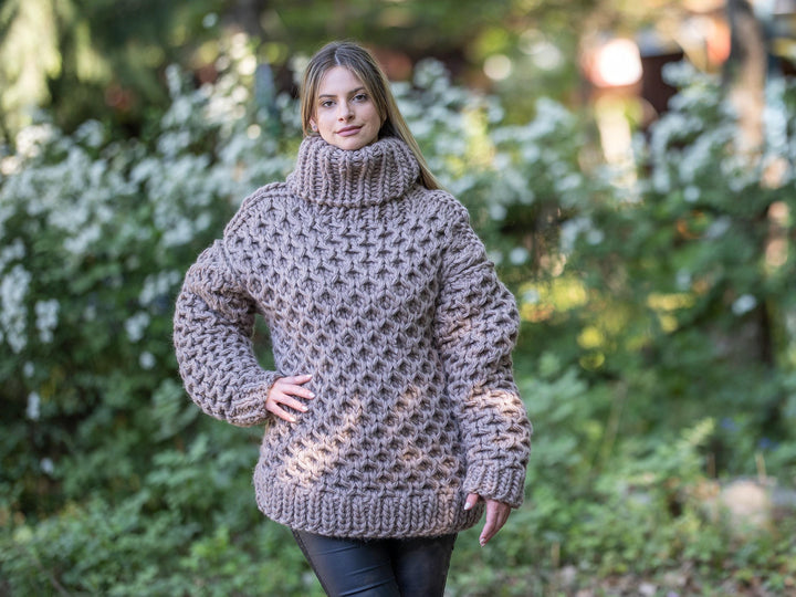 Brown Cable Knit Sweater – Hand-Knitted Women’s Honeycomb Turtleneck Pullover T1198