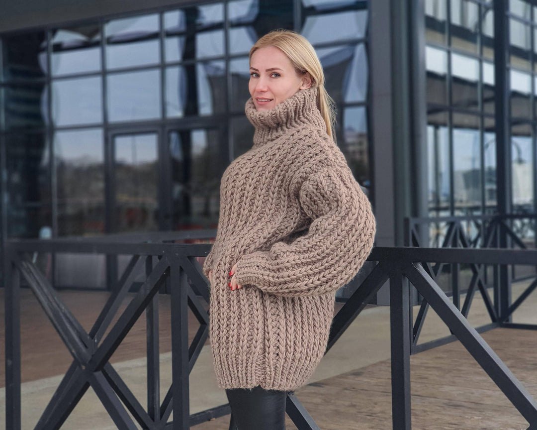 English Rib Oversized Wool Sweater – Thick Hand-Knitted 100% Soft Wool Jumper T963