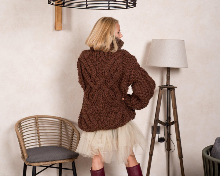 5-Strand Chunky Wool Sweater – Hand-Knitted Pure Wool Cable Jumper T813