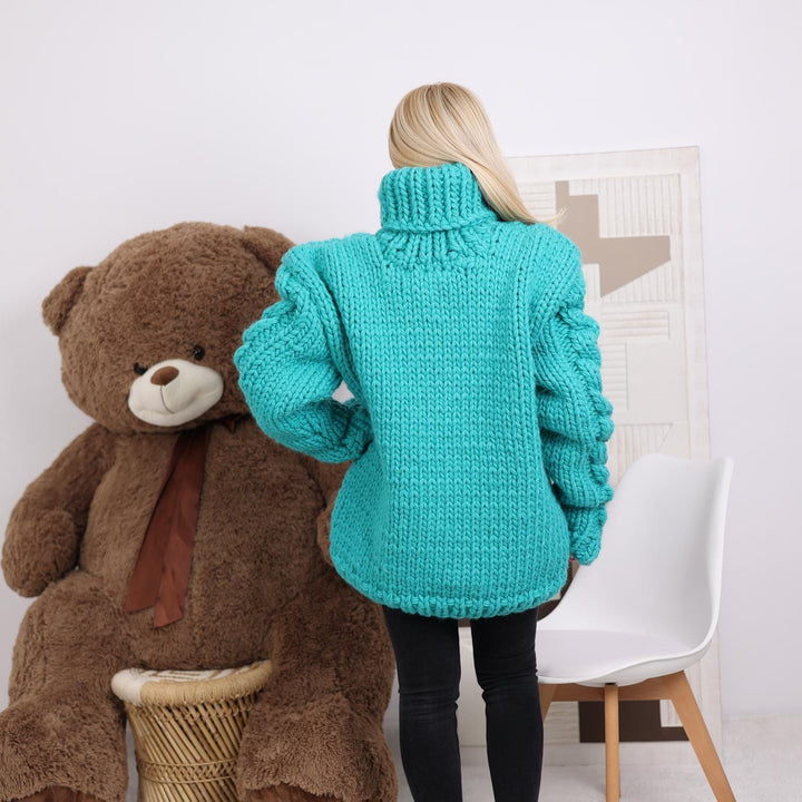 Turquoise Chunky Cable Knit Sweater – Hand-Knitted Thick Wool Pullover T1840