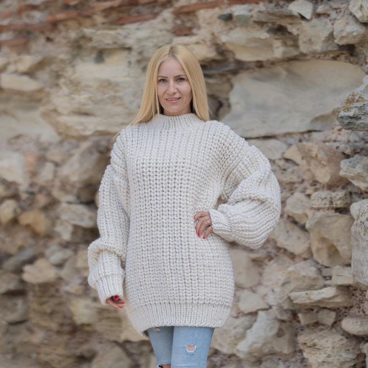 Wool Sweater Off-White English Rib Knit, Hand Knitted Chunky Oversized Pullover T1866