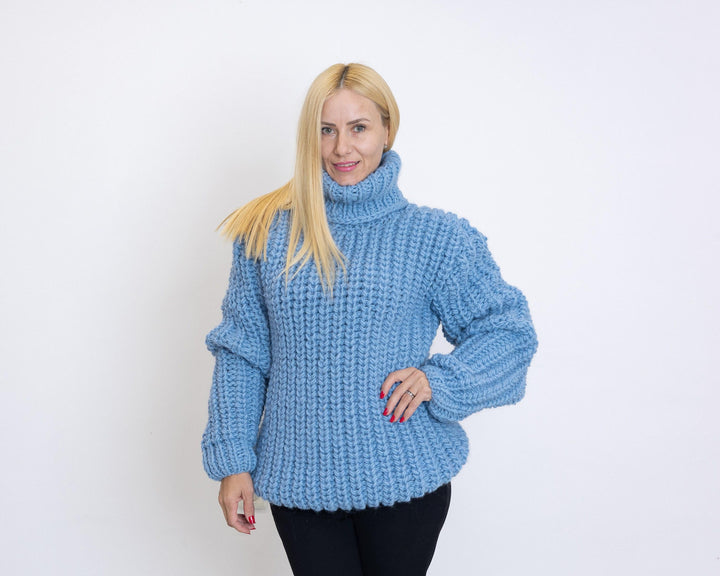 Wool Sweater Blue Fisherman Rib Knit, Hand Knitted Warm Wool Jumper T1519