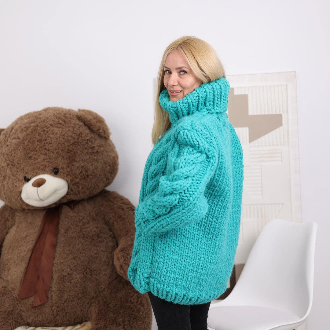 Turquoise Chunky Cable Knit Sweater – Hand-Knitted Thick Wool Pullover T1840