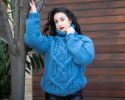 Wollpullover Blau Grobstrick, Handgestrickt 100% Wolle Pullover T1352