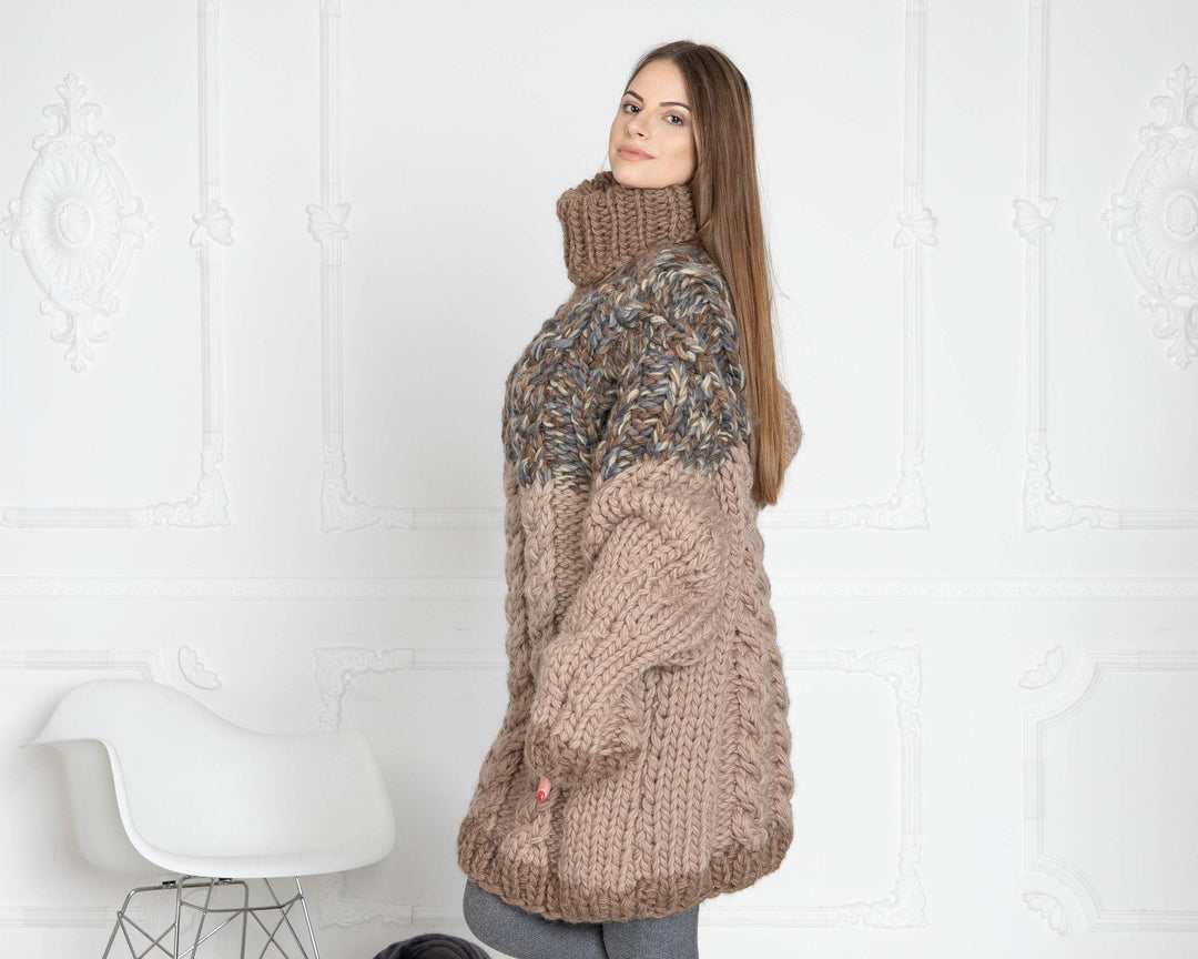 Chunky Cable Turtleneck Sweater – Hand-Knitted Virgin Organic Wool Pullover for Women T631W