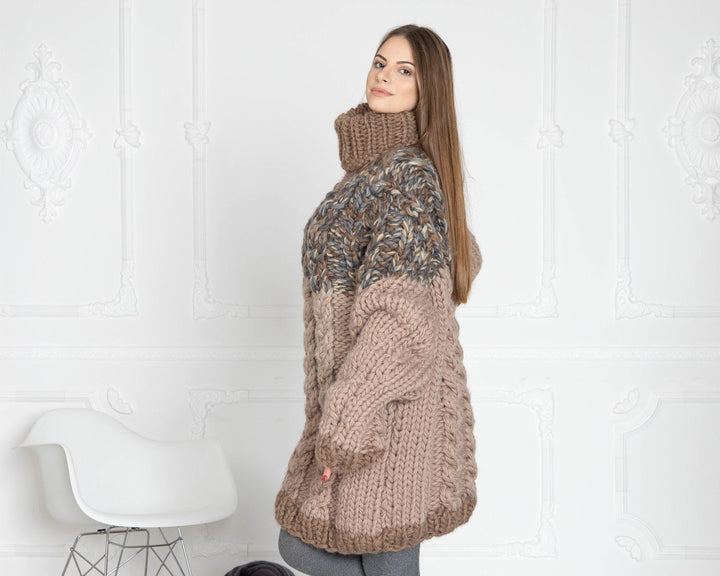 Chunky Cable Turtleneck Sweater – Hand-Knitted Virgin Organic Wool Pullover for Women T631W