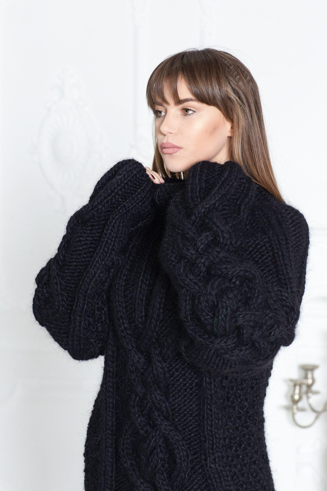Wool Sweater Black Cable Knit with Zipper, Hand Knitted 100% Wool Pullover T595