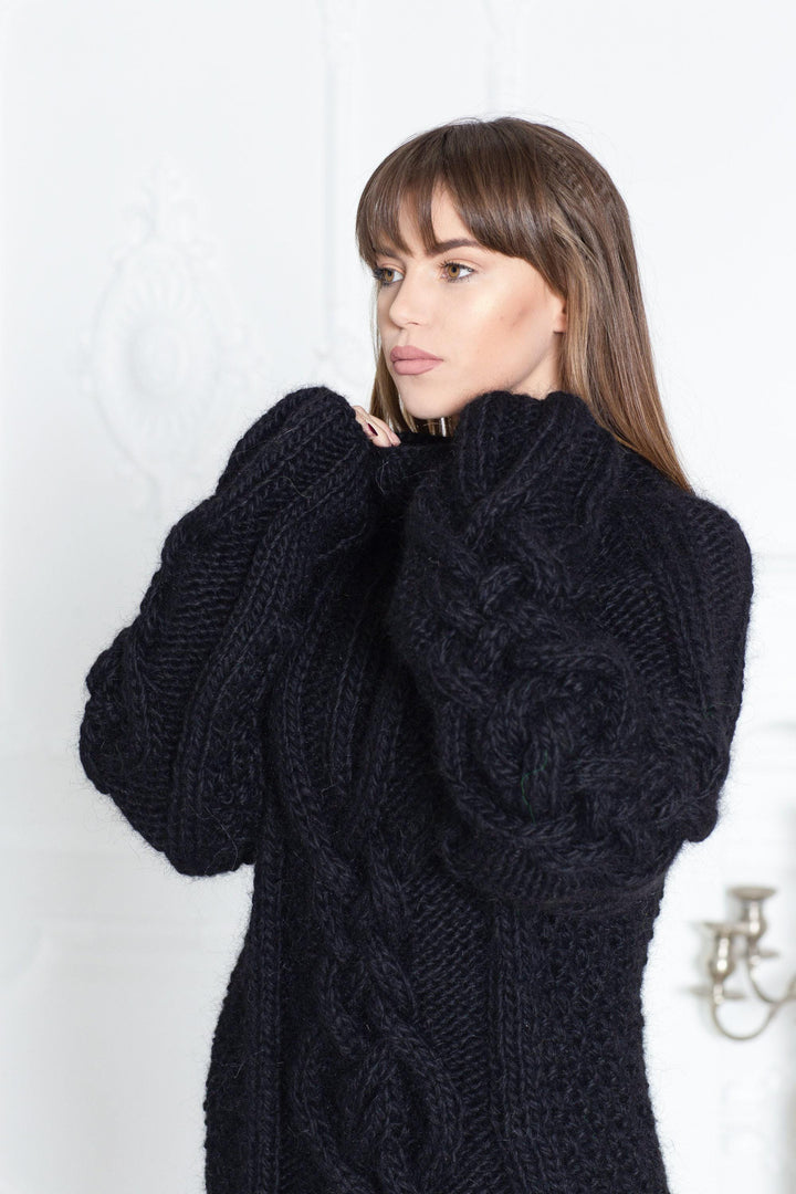Wool Sweater Black Cable Knit with Zipper, Hand Knitted 100% Wool Pullover T595
