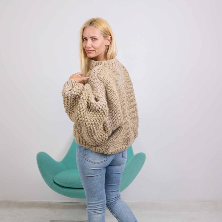 Short Wool Sweater with Oversized Sleeves, Hand Knitted  Jumper T1880