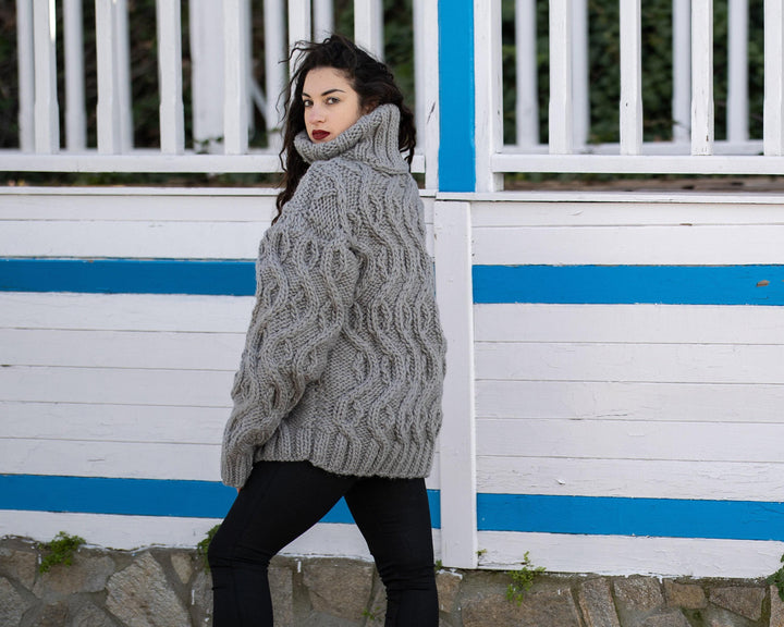 Gray Cable Knit Wool Sweater – Hand-Knitted Women’s Chunky Turtleneck Pullover T1093