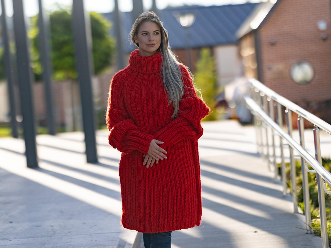 Wool Sweater Red Ribbed Knit, Hand Knitted Chunky Wool Pullover T1262