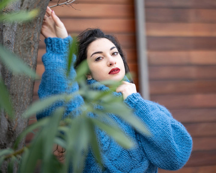 Wool Sweater Blue Chunky Knit, Hand Knitted 100% Wool Pullover T1352