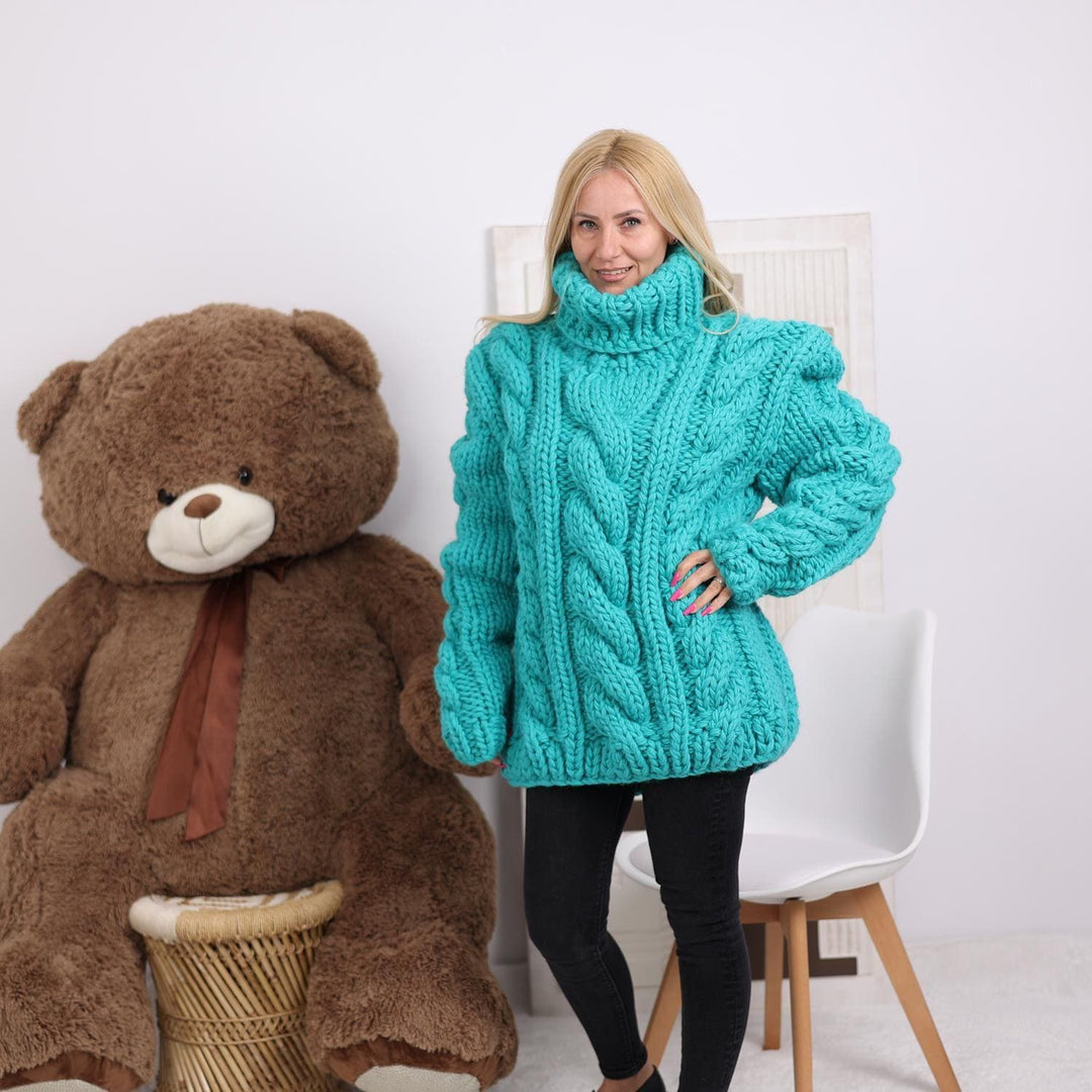 Turquoise Chunky Cable Knit Sweater – Hand-Knitted Thick Wool Pullover T1840