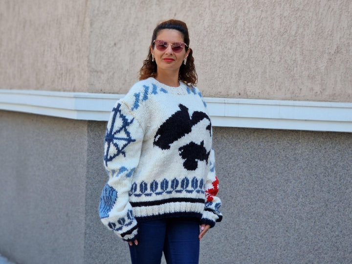 Marine Blue Wool Sweater, Hand Knitted Chunky Jumper, Thick English Rib Pullover, 100% Wool Knit T1225