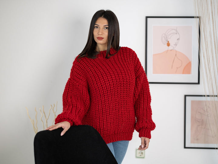 Wool Sweater Red Fisherman Ribbed Knit, Hand Knitted Warm Wool Jumper T1166