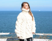 5-fädiges cremefarbenes Wollpullover – handgestrickter, klobiger Oversized-Zopfmusterpullover T657W