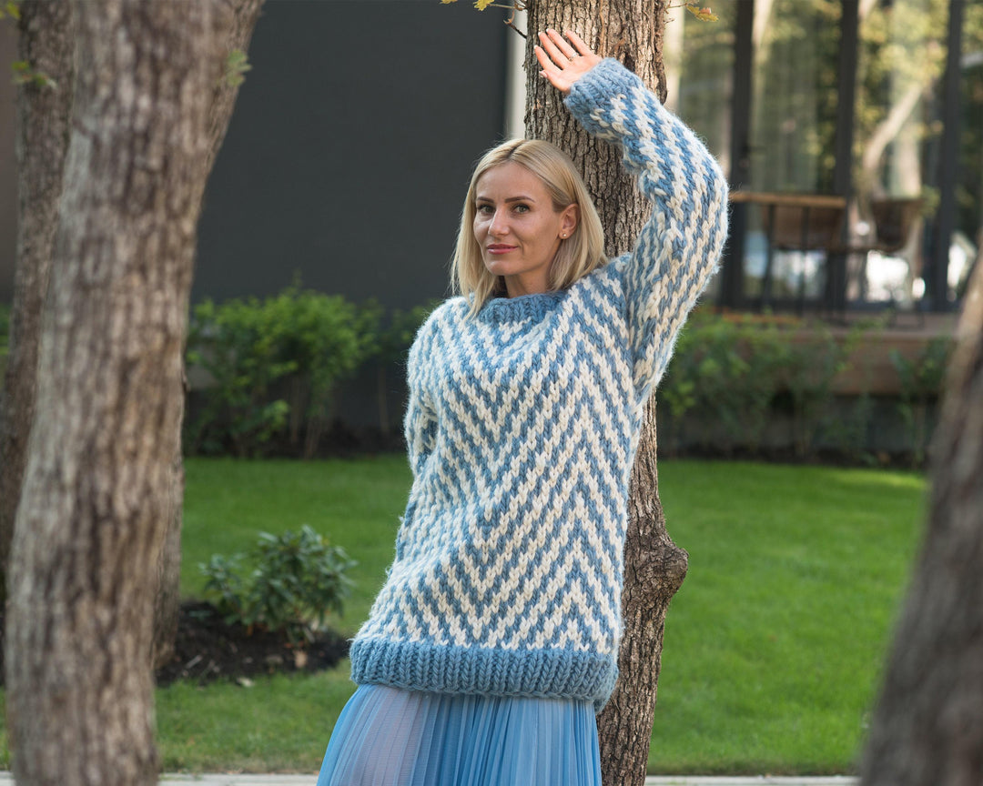 Hand Knitted Chunky Wool Sweater: Blue Zig Zag Jumper T820W