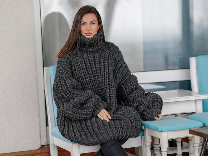 Gray English Rib Oversized Wool Sweater – Thick Hand-Knitted 100% Soft Wool Jumper T1105