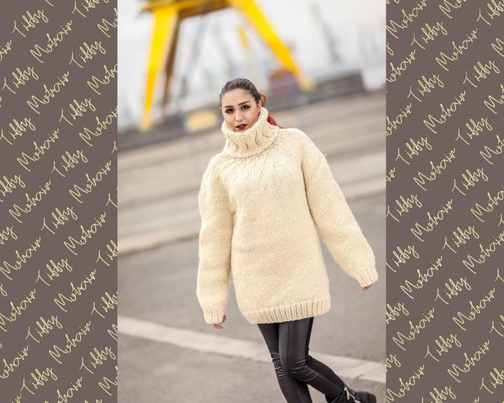 Wool Sweater Turtleneck, Hand Knitted Chunky Oversized Pullover for Men T425