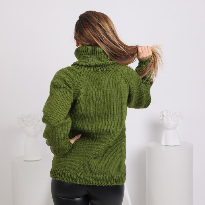 Wool Sweater Green Turtleneck, Hand Knitted 100% Soft Wool Pullover T1783
