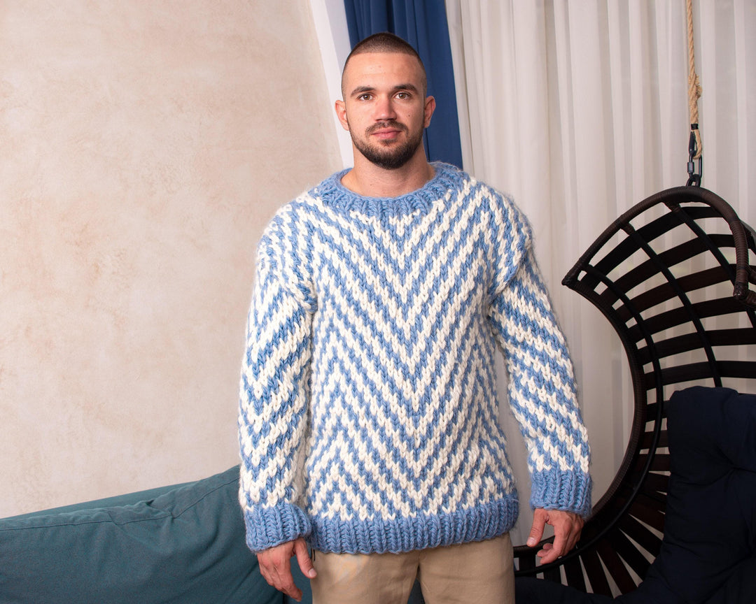 Hand Knitted Chunky Wool Sweater: Blue Zig Zag Jumper T820W