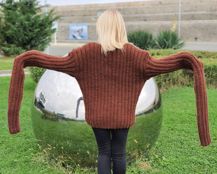 Women’s Brown Ribbed Wool Sweater with Extra Long Sleeves, Hand Knitted Chunky Pullover T922