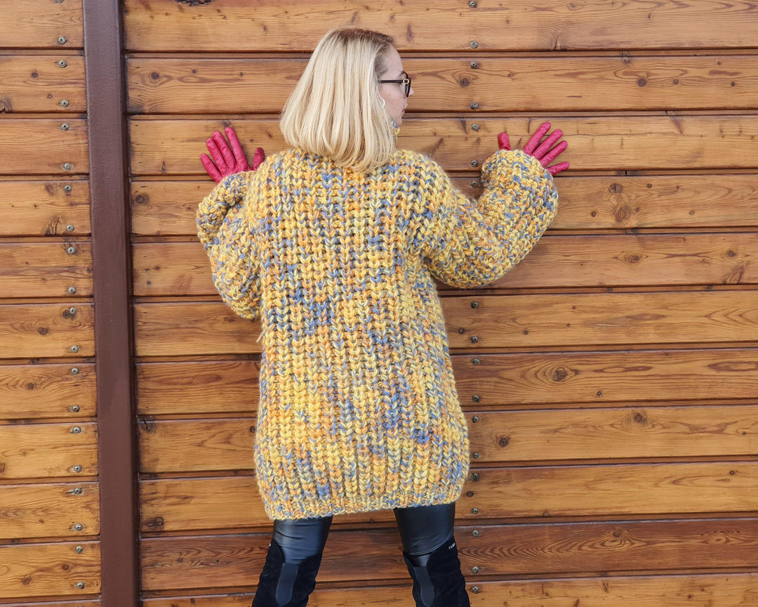 Yellow Mélange Oversized Wool Sweater – Hand-Knitted English Rib Chunky Jumper T954