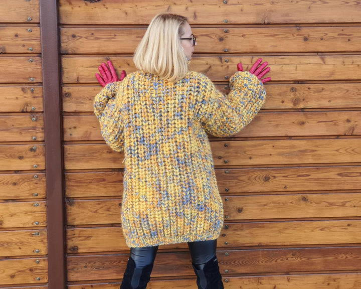 Yellow Mélange Oversized Wool Sweater – Hand-Knitted English Rib Chunky Jumper T954