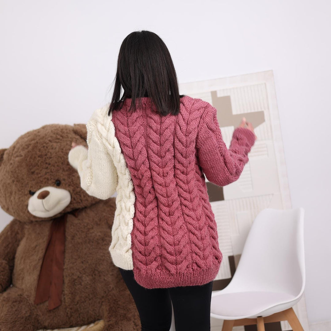 Wool Sweater Asymmetrical Two-Tone Cable Knit, Hand Knitted 100% Soft Wool Pullover T1838