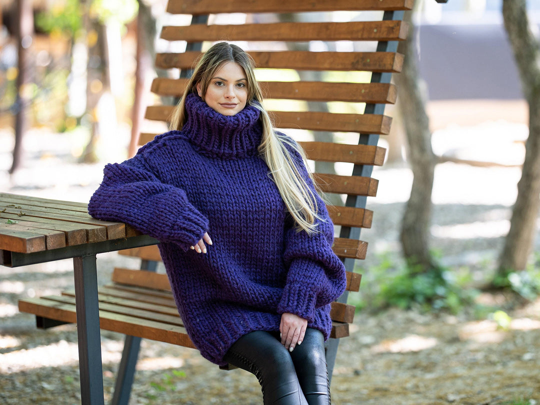 5-Strand Purple Wool Sweater – Hand-Knitted Chunky Woolen Pullover T1202