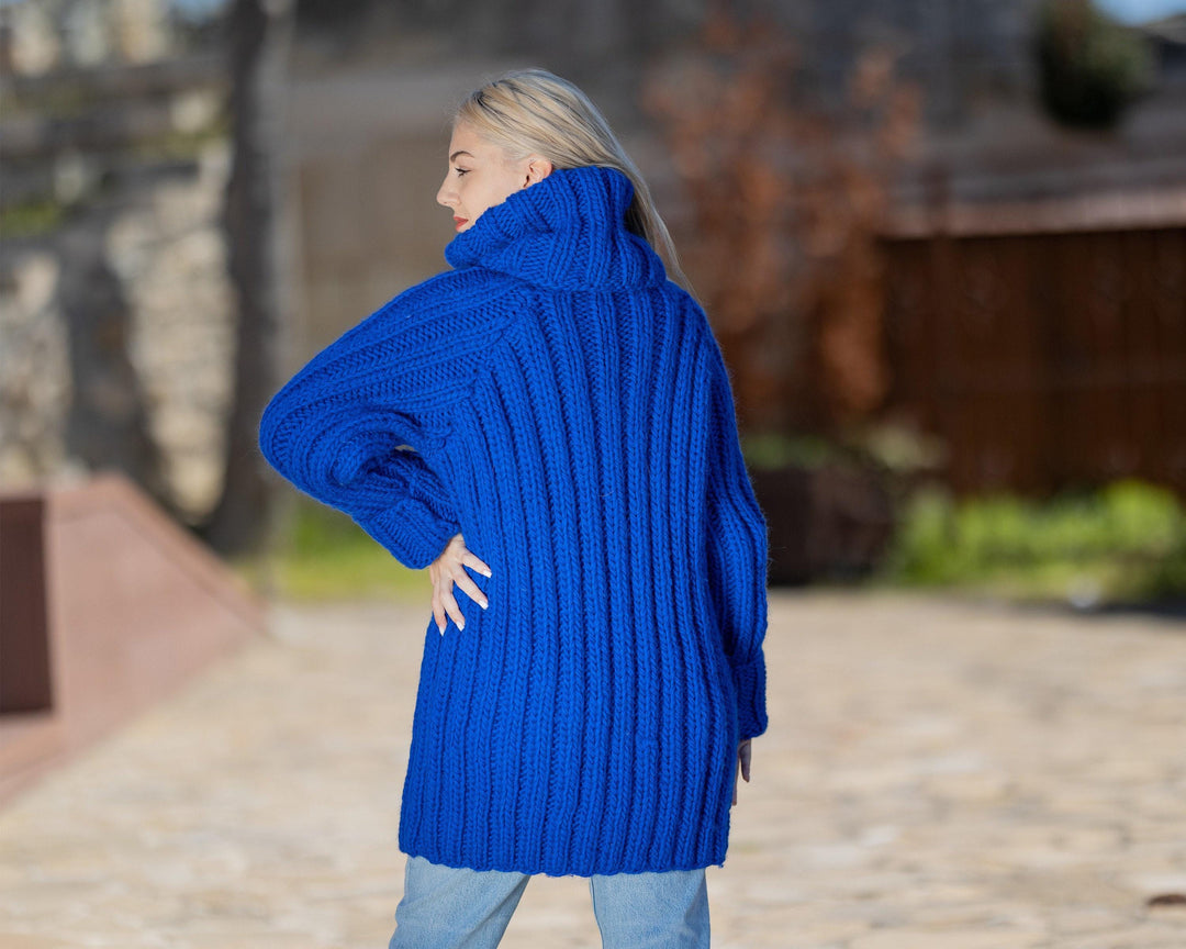 Wool Sweater Blue Ribbed Knit, Hand Knitted 100% Pure Wool Pullover T1421
