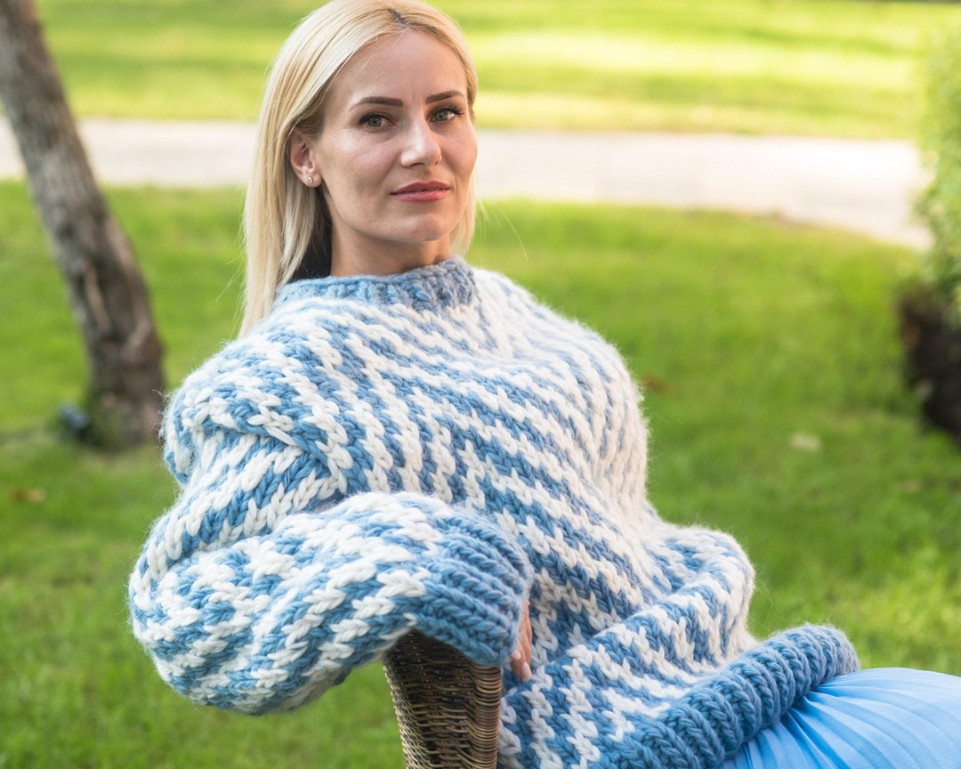 Hand Knitted Chunky Wool Sweater: Blue Zig Zag Jumper T820W