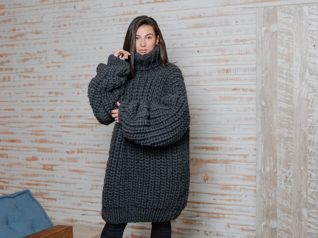 Gray English Rib Oversized Wool Sweater – Thick Hand-Knitted 100% Soft Wool Jumper T1105