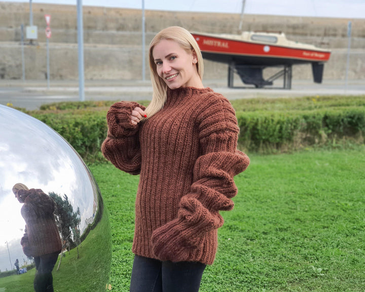 Women’s Brown Ribbed Wool Sweater with Extra Long Sleeves, Hand Knitted Chunky Pullover T922