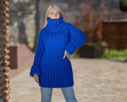 Pull en laine bleu tricot côtelé, tricoté main 100% pure laine T1421