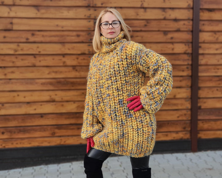Yellow Mélange Oversized Wool Sweater – Hand-Knitted English Rib Chunky Jumper T954