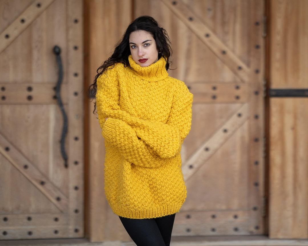 Wool Sweater Yellow Moss Stitch Knit, Hand Knitted 100% Wool Jumper T960