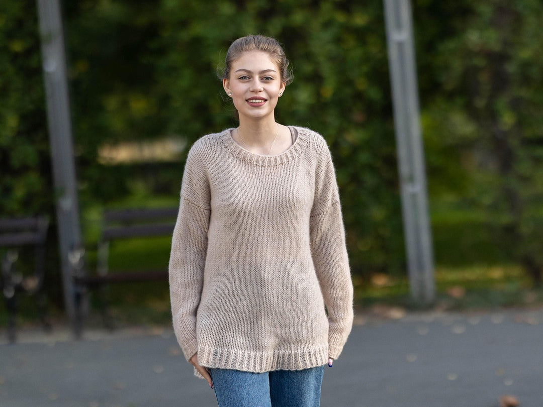 Wool Sweater Melange Crew Neck, Hand Knitted 100% Wool Winter Jumper T1746