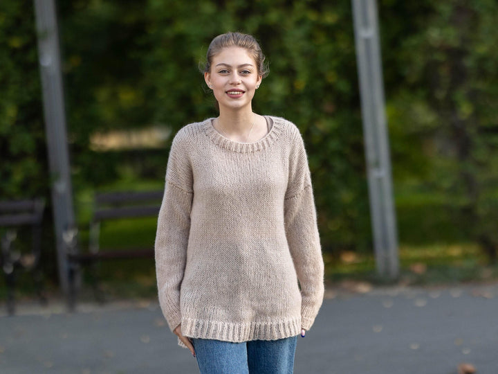 Wool Sweater Melange Crew Neck, Hand Knitted 100% Wool Winter Jumper T1746