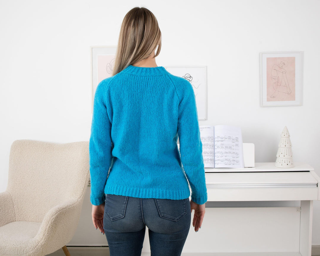 Merino Wool Sweater Blue, Hand Knitted Soft Lightweight Jumper T1330