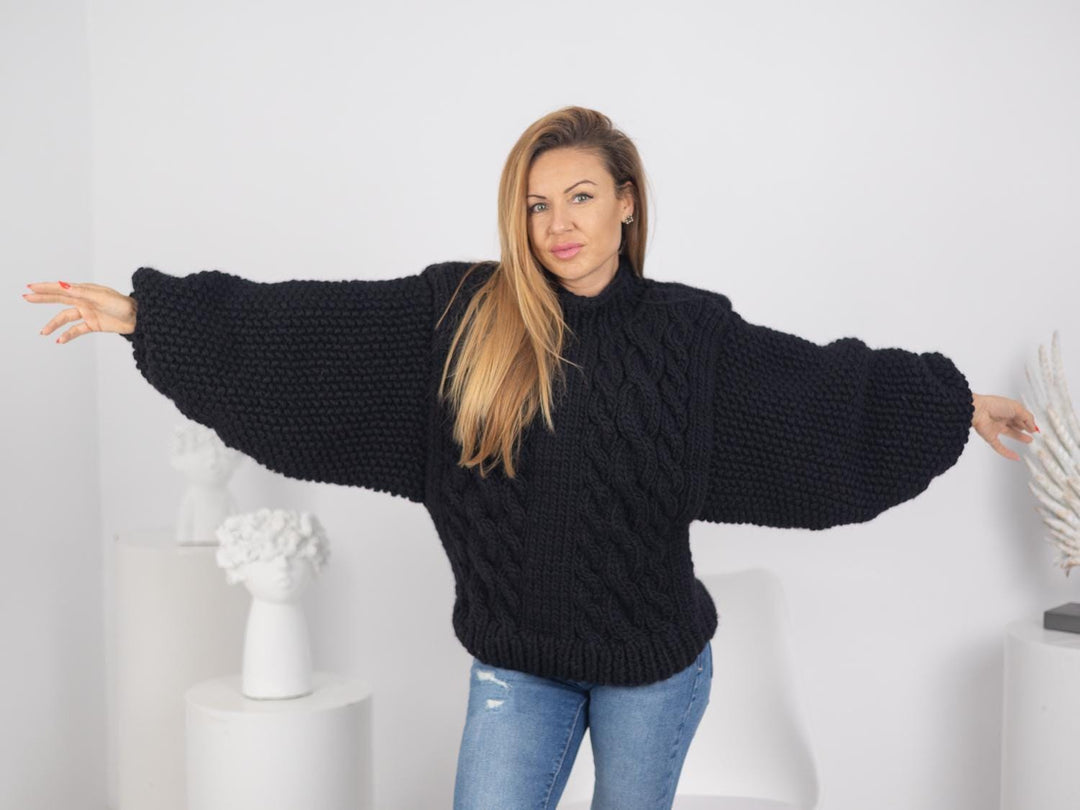 Short Wool Sweater with Oversized Sleeves, Hand Knitted Jumper, Wide Sleeve Pullover T1753