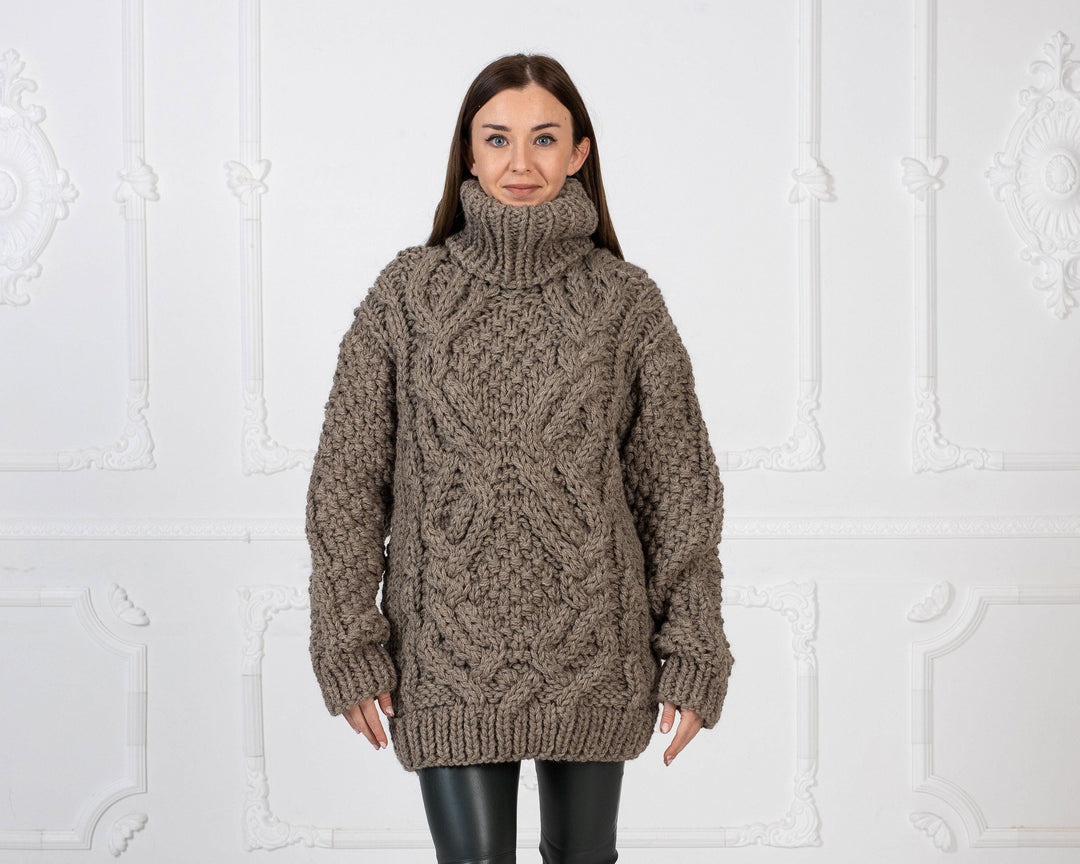 Women’s Raw Wool Sweater – Hand-Knitted Cable Jumper in Natural Itchy Wool T970W