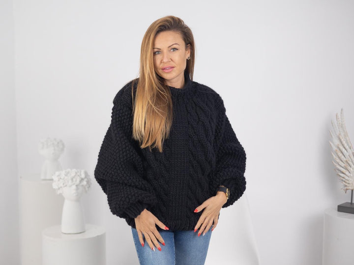 Short Wool Sweater with Oversized Sleeves, Hand Knitted Jumper, Wide Sleeve Pullover T1753